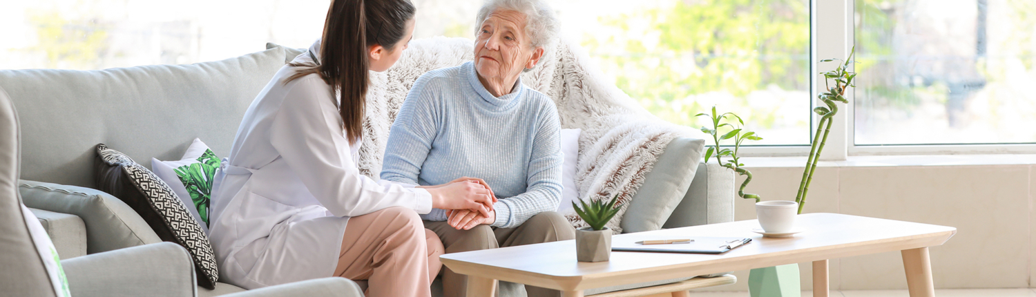 A young home care professional speaking with an older woman on the couch