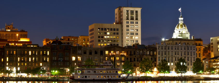 The skyline of Savannah, Georgia at night